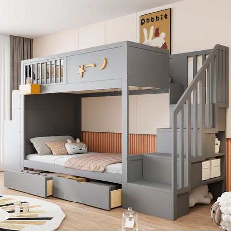 Cama infantil alta con escritorio y cajones gris HAVRYA (1/5)