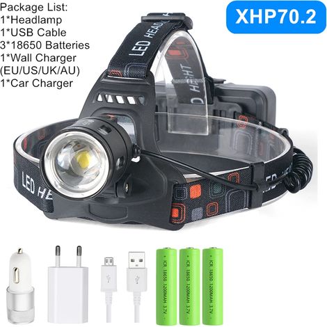 (Pack I) Lampe frontale LED puissante XHP70.2 XHP50.2 avec zoom, lampe torche, batterie 18650 rechargeable par USB, lanterne de pêche (1/5)