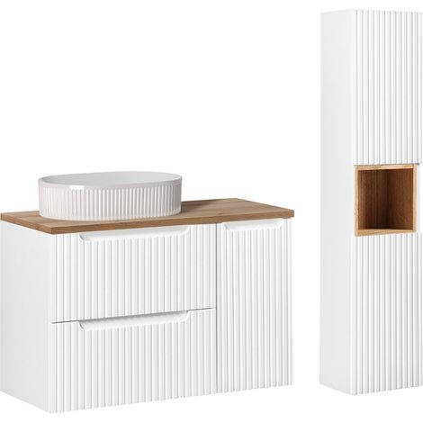 Set di mobili con lavabo singolo da 90 cm, 2 cassetti, 1 anta e colonna Riva Bianco e Legno (1/5)