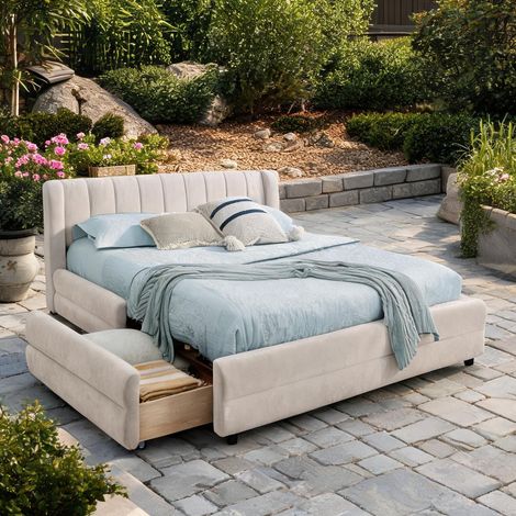 Cadre de lit beige en chenille 85 x 63 x 29,5 cm (1/5)
