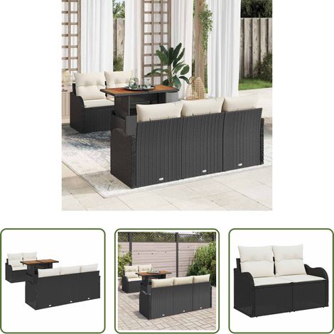 Gartentisch - Gartensofa-set mit Kissen 6 pcs Schwarz und Creme Poly-Rattan (1/5)