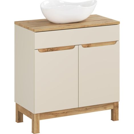 ERMANO-Set Kaschmir und Eichenoptik 80cm: Unterschrank + Platte für Waschbecken + asymmetrisches Aufsatzwaschbecken in Weiß