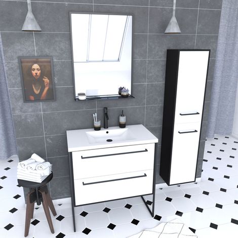 Set bagno 80 Bianco finitura nera + lavabo bianco + specchio + colonna contenitore