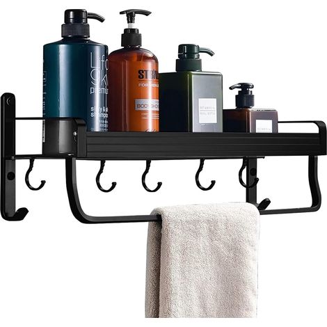 étagère de douche sans perçage, auto-adhésive, antirouille, pour salle de bain, sans clou, sans dommage, à fixation murale, finition mate, noire, avec 5crochets (1/5)