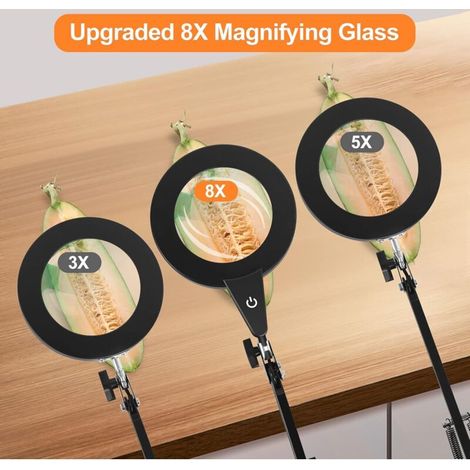 Lupa con luz y soporte, lámpara de escritorio con aumento de 8X y cristal auténtico, diseño 2 en 1 con clip, control táctil, 3 modos, lupa LED regulable de intensidad variable para reparación de manos (1/4)