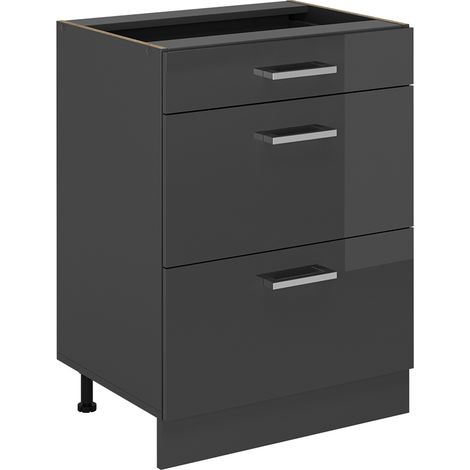 Mobiletto base per cucina R-Line, Antracite lucido, 60 cm con cassetti, senza piano di lavoro, Vicco