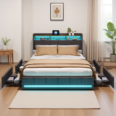 Polsterbett 140x200 cm, Doppelbett mit LED-Beleuchtung und USB, Modernes Jugendbett, Bettgestell mit Kopfteil und Lattenrost, Leinen Grau, Ohne Matratze