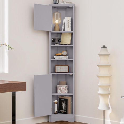 Meuble de salle de bain triangulaire 36,5 x 24,5 x 170 cm, entièrement laqué, laque résistante à l'humidité, trois étagères ouvertes, double porte, étagères réglables, gain de place, gris
