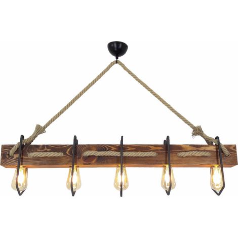 Suspension 5 ampoules 100x16x72 cm en pin massif et corde (1/5)