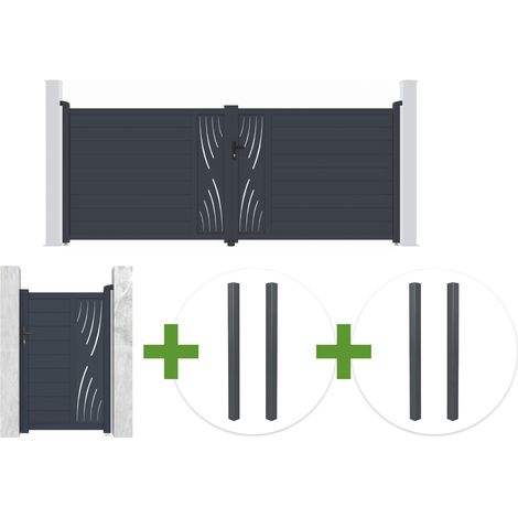 Puerta batiente de aluminio gris VELETA de 4 m de altura (160 cm) + puerta peatonal VELETA de 1 m de altura (160 cm) + 4 postes