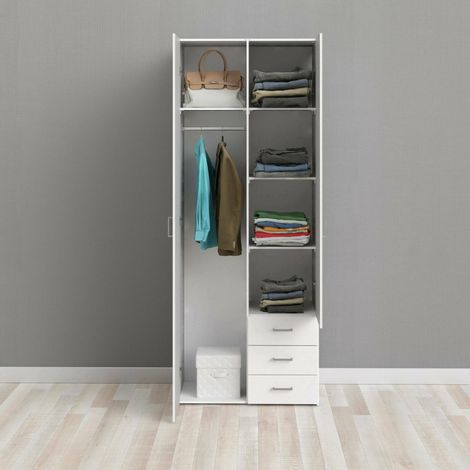 Dmora Garde-robe 2 portes\ et trois tiroirs, couleur blanche, Dimensions 77 x 200 x 49,5 cm, avec emballage renforcé (1/6)