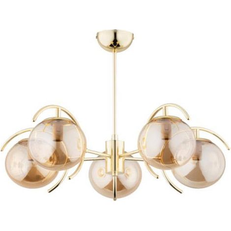 Alfa EL-DORADO Industrial Decorative Ceiling Lamp, 5-Light Pendant Chandelier, Brass/Gold Metal with Amber Accents, E14 Max 10W, Dimmable, 64cm Wide, 47cm High