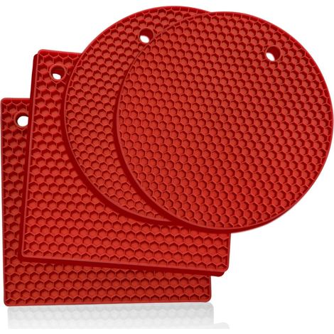 JSSEVN - Set of 4 Round and Square Silicone Trivets, Silicone Trivet Mats, Heating Pads – Can Opener, Tongs, Garlic Peeler, Drying Mat, Coasters (Red) (1/5)