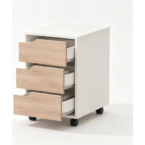 Armadio ausiliario mobile con ruote e 3 cassetti, MDF e metallo, bianco e rovere (1/5)