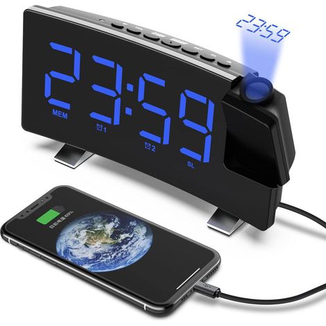 Réveil radio projecteur 180° plafond, horloge numérique USB FM avec double alarme, minuterie sommeil, format 12/24h, bleu (1/5)