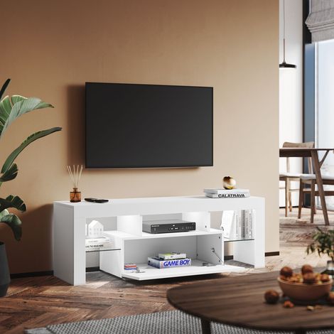 SONNI Mueble TV Blanco Brillo con Luces LED 12 Colores Mesa de Salón para TV Estantes Cristal y Puerta Abatible 130 cm (1/5)