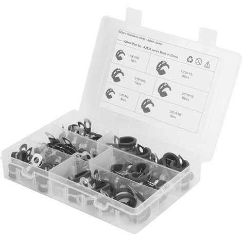 Kit 52 pièces colliers de tuyau type R avec patins caoutchouc, 5 tailles : 1/4in, 3/8in, 1/2in, 5/8in, 5/16in, assortiment de fixations flexibles (1/5)