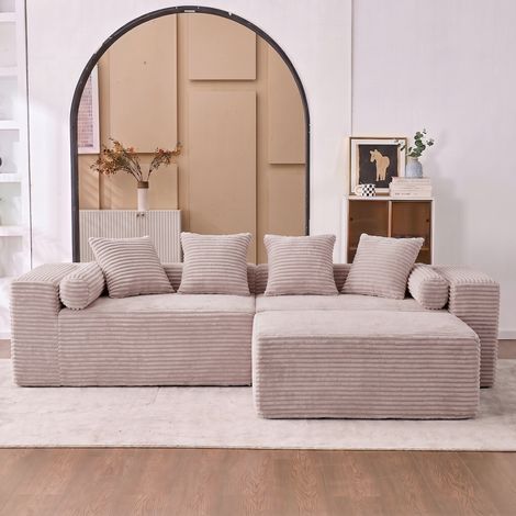 Canapé d'angle modulable 266x110x60 cm en tissu chenille beige, sans montage, pour salon – MEUBLIV (1/5)