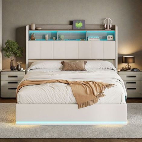 Bett mit Stauraum - Bett 140x190 cm - Kopfteil mit Stauraum & USB - Integrierte LED - Lattenrost inklusive
