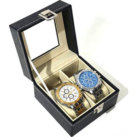 Coffret à bijoux - Boîte à montres - Coffret à bijoux pour adultes - Boîte à montres pour hommes - Étagère à 1 niveau pour 2 montres - Boîtier noir (1/5)