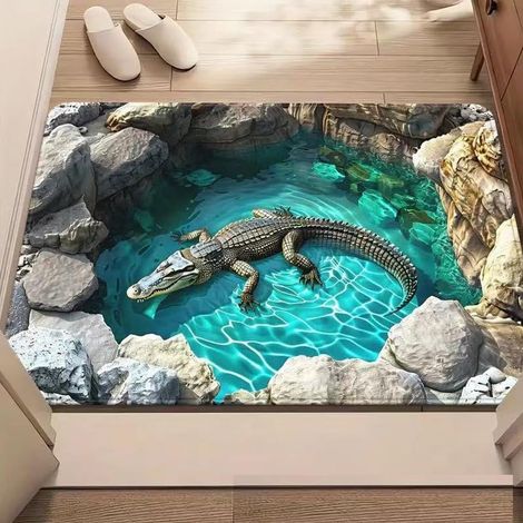 Tapis d'entrée à effet d'optique 3D, motif alligator dans une eau turquoise entourée de rochers, antidérapant, idéal pour l'entrée, le salon, la salle de jeux, l'entrée extérieure et la décoration int (1/5)