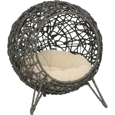 CHICFURN Cuccia per gatto in rattan Ø52 x 58 cm grigio argento con cuscino, gambe rialzate (1/5)