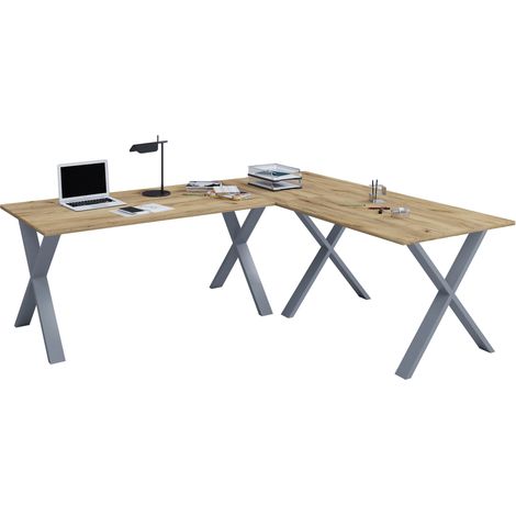VCM VCM Escritorio de madera  Escritorio de esquina liso  190x130  L forma izquierda o derecha  Placa de mesa de trabajo 50 cm de profundidad  Mesa de ordenador muebles de oficina - Lona X (plata / ro