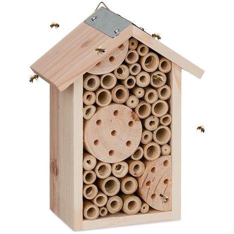 Hôtel à insectes pour abeilles - Bois - Jardin - Balcon - Suspendu - Dimensions : 21 x 15,5 x 9 cm - Hôtel à abeilles garni - Nature (1/5)