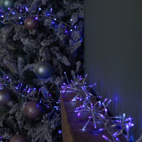 9.3m 720 LED Christmas Cluster String Lights with Timer in Blue, Purple & White on Clear Cable (1/5)