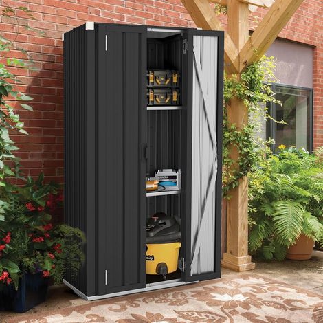 YODOLLA Outdoor Tall Garden Storage Cabinet Shed with 3 Adjustable Shelves - Weatherproof Metal Cupboard for Garage & Patio - Grey