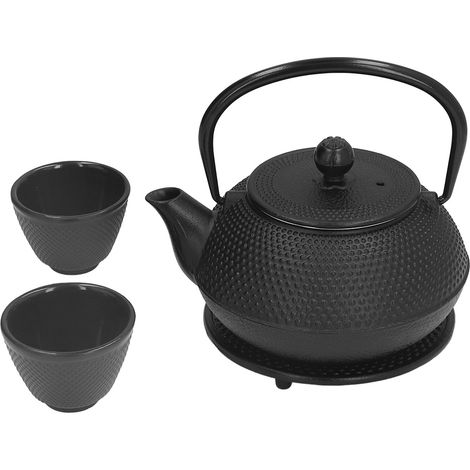 Théière en fonte brute 800ml avec 8 tasses, 2 verres et dessous-de-verre, sans revêtement, gravée, pour infusion à domicile, coffret cadeau lourd. (1/5)