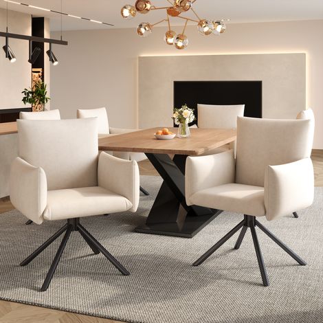 Lot de 6 fauteuils, en velours, beige, pour salon et salle à manger, chambre et bureau, pivotants 360°, soutien lombaire, 4 pieds métalliques