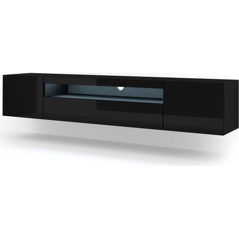Mobile TV AURA 200 cm sospeso o in piedi nero opaco / nero lucido + LED