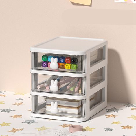 Schreibtisch-Aufbewahrungsbox, mehrstufig, transparent, aus Kunststoff, großes Fassungsvermögen, Hasengriff, kleine Schublade, Organizer für Bücher, Stifte, Büro, Weiß, 3-stufig (13,4 x 17 x 16 cm) (1/5)