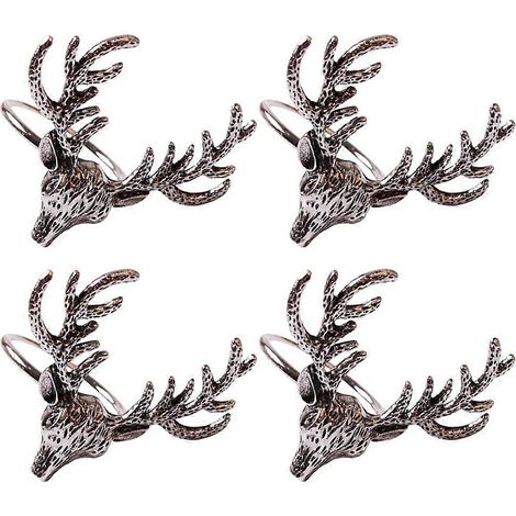 Quatre ronds de serviette en forme de tête de cerf, parfaits pour la décoration de table de Noël, argentés. (1/5)