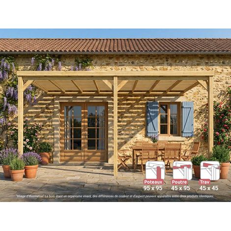Pergola adossée en bois Montpellier 600 x 420 cm + 3 supports surélevés - Maderland