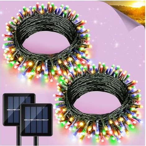 Lot de 2 guirlandes lumineuses solaires d'extérieur étanches de 240 LED pour l'extérieur, 8 modes, lumière d'extérieur à énergie solaire pour maison, terrasse, arbre, fête, décoration de (1/5)