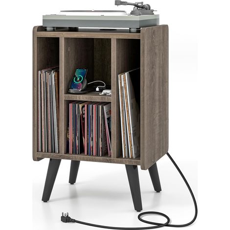 COSTWAY Mesa Auxiliar con Estación de Carga, Soporte para Tocadiscos con Amplia Encimera, Toma De Corriente, Estante de Exhibición para Tocadiscos Vintage para Sala de Estar, Dormitorio (Roble Gris) (1/5)