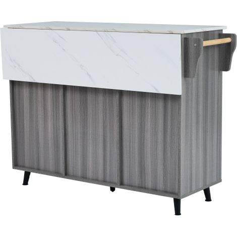 Desserte / Buffet avec plateau rabattable, étagères intérieures derrière des portes, îlot de cuisine sur 5 roulettes avec placards de rangement et 2 tiroirs — pour la salle à manger — Blanc + Gris kak