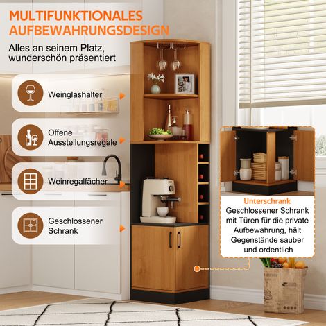 Meuble bar d'angle en bois 40x40x182cm, rangement vin avec porte-verres et étagères à bouteilles, armoire autoportante compacte pour cuisine, salle à manger ou séjour, idéal petit espace. (1/5)