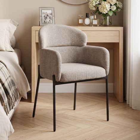 Fauteuil de salon/chambre à coucher, aspect chenille, accoudoirs, pieds en métal, marron clair (1/5)