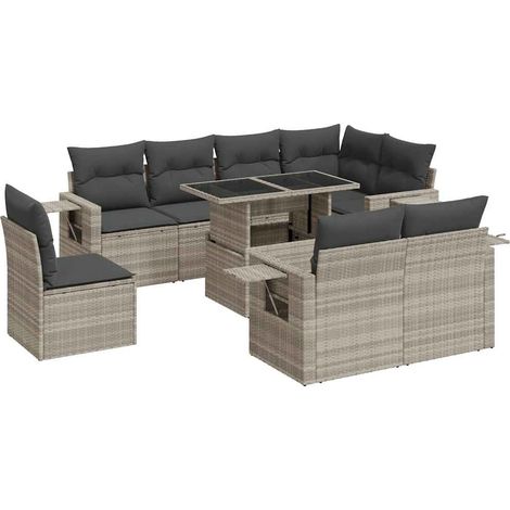 Set muebles jardín 9 pzas y cojines ratán sintético gris claro vidaXL (1/5)