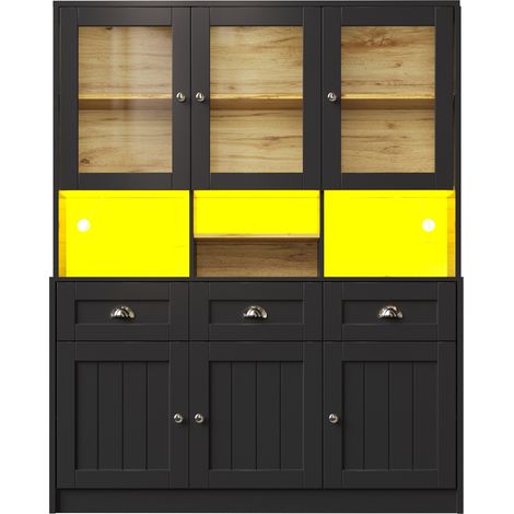 Buffet haut avec éclairage LED multicolore et étagères réglables en MDF 140×40×175 cm blanc/noir (1/5)