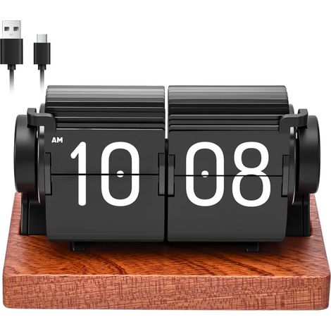 Réveil rétro à affichage numérique USB-C - Grand affichage numérique - Horloge de bureau mécanique rétro - Rotation automatique - Réveil radiopiloté pour la maison et le bureau (1/5)
