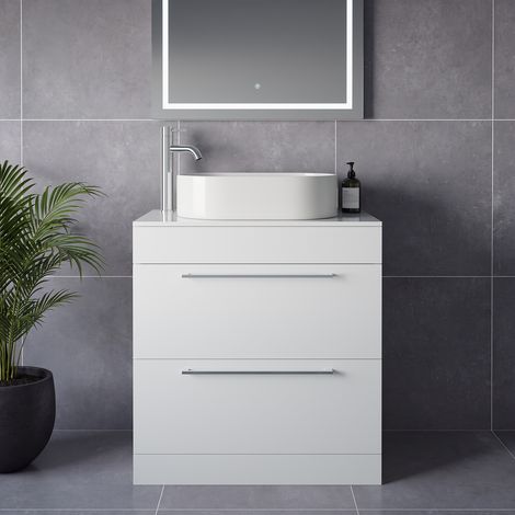 Napoli 460 Gloss White 800mm 2 Drawer Vanity Unit for Countertop Basins - 800mm - Chrome 480mm Handle