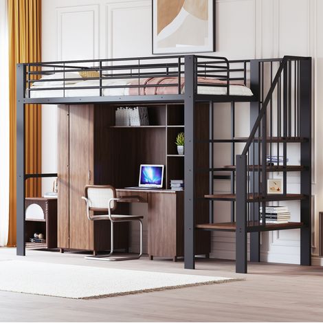 Lit mezzanine moderne 90x200 cm métal et bois noir avec escalier intégré et grand espace de rangement dessous (1/5)