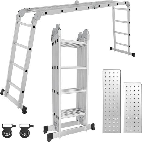 STANEW Scala Multiuso in Alluminio 4,7 M, Scala Articolata Pieghevole Multifunzione Alluminio 4 x 4 Gradini con Piattaforma, 2 Ponteggi, Argento (1/5)