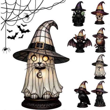 Lampe de table chapeau de sorcière chat noir en vitrail pour Halloween, veilleuse gothique artisanale à lumière chaude, lampe décorative saisonnière pour étagère de chambre à coucher F(15CM) (1/5)