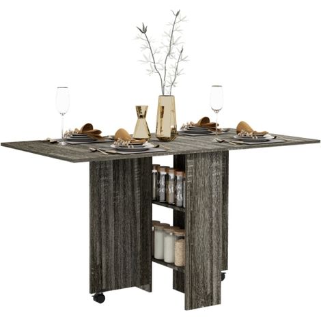 Compact Folding Dining Table with Drop Leaf Design,2-Tier Storage Shelves,Rolling Casters for Small Kitchens and Spaces in Grey