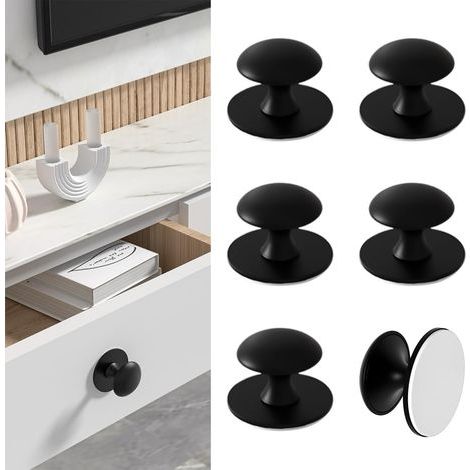 Lot de 6 boutons autocollants pour armoire - Noir - Boutons d'armoire autocollants en acier inoxydable - Bouton à coller pour tiroirs, porte de douche, armoire miroir, porte en verre, poignée (1/5)